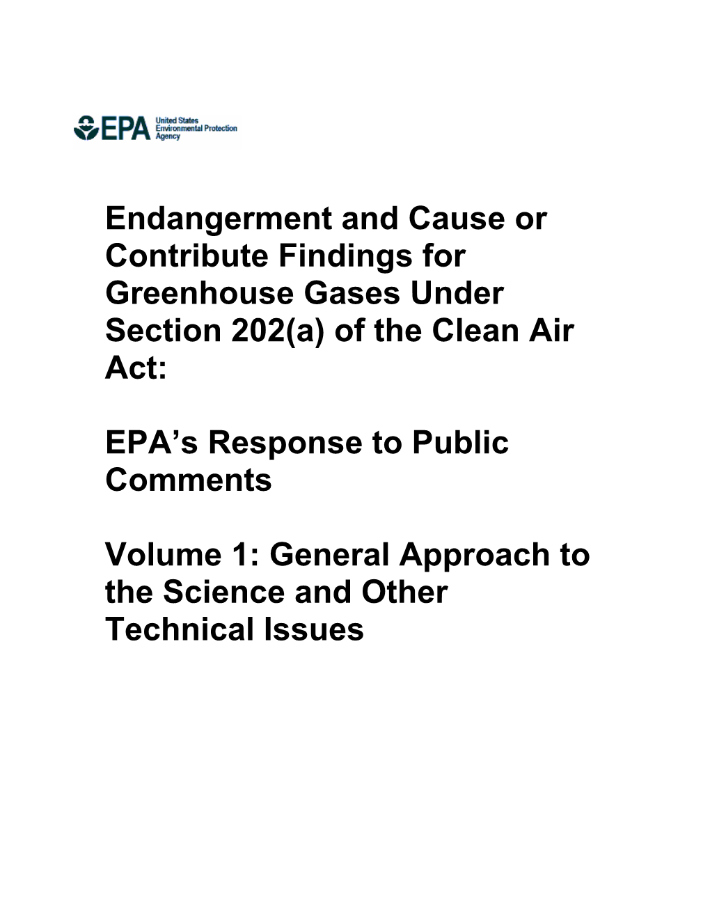 Endangerment and Cause Or Contribute Findings for Greenhouse Gases Under Section 202(A) of the Clean Air Act