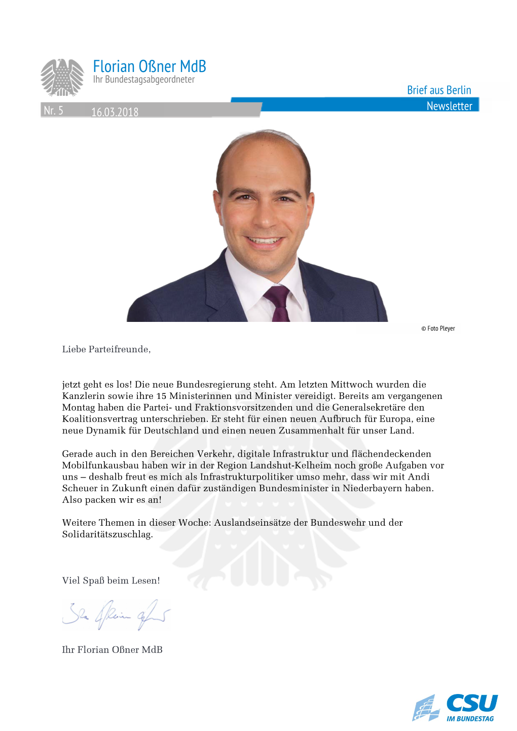 Florian Oßner Mdb Ihr Bundestagsabgeordneter Brief Aus Berlin Newsletter Nr