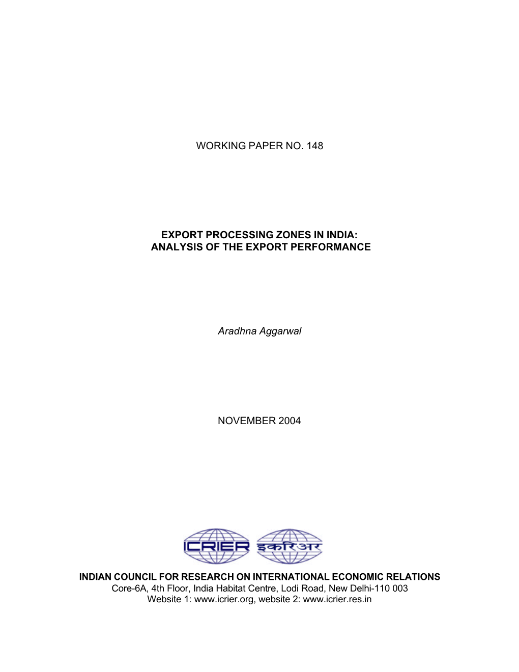 Working Paper No. 148 Export Processing Zones in India