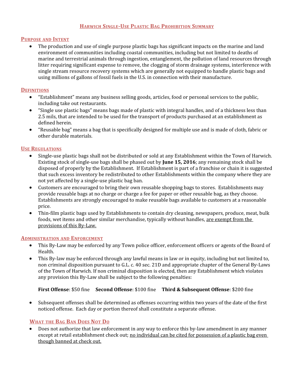 Harwich Single-Use Plastic Bag Prohibition Summary