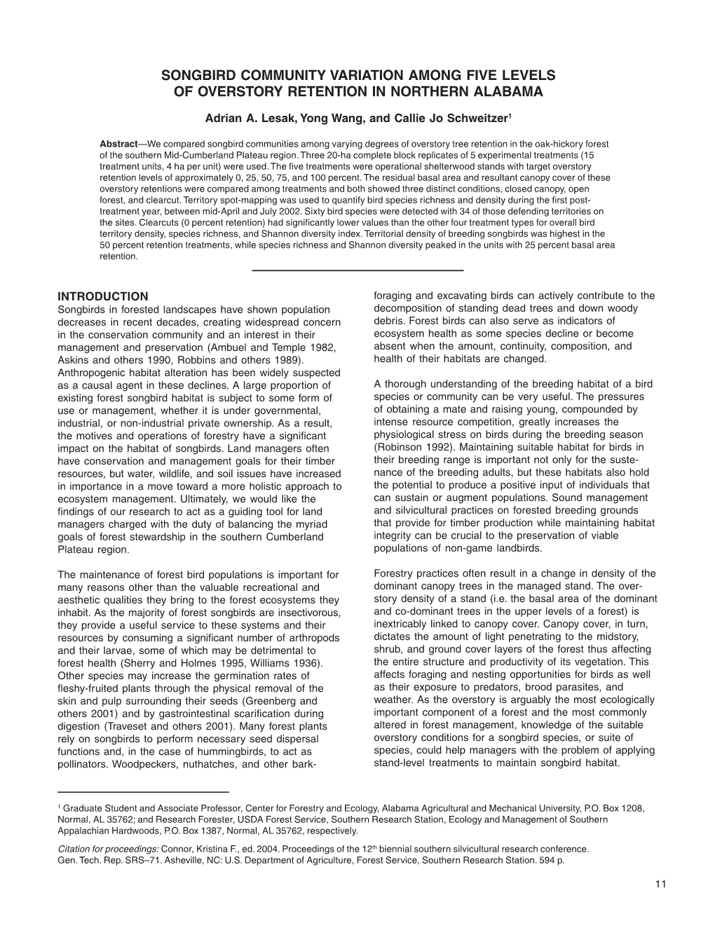 Songbird Community Variation Among Five Levels of Overstory Retention in Northern Alabama