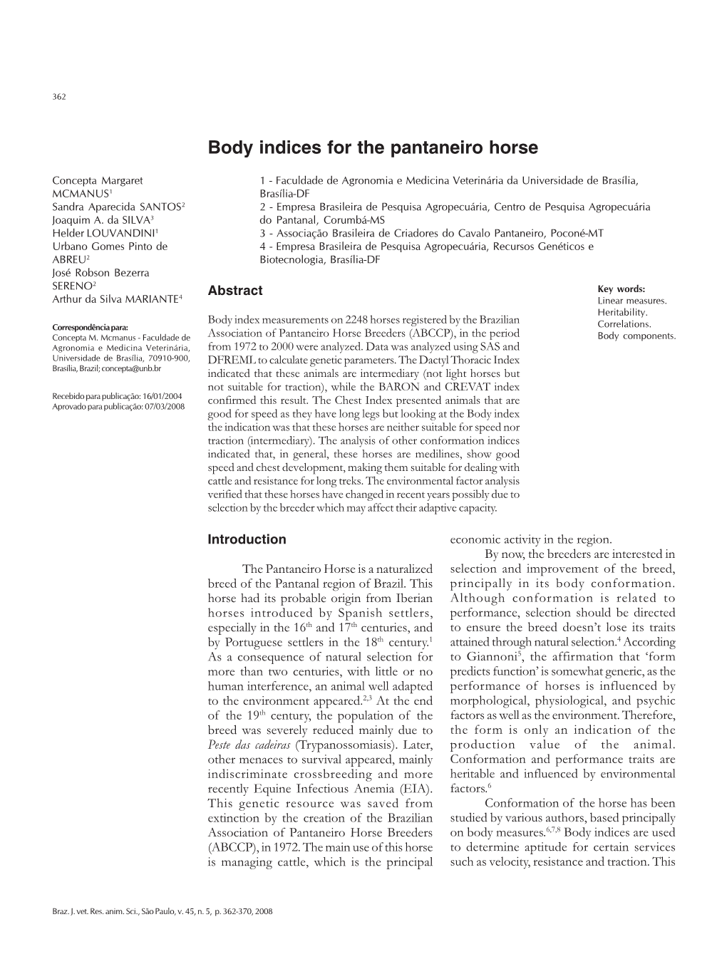 Body Indices for the Pantaneiro Horse