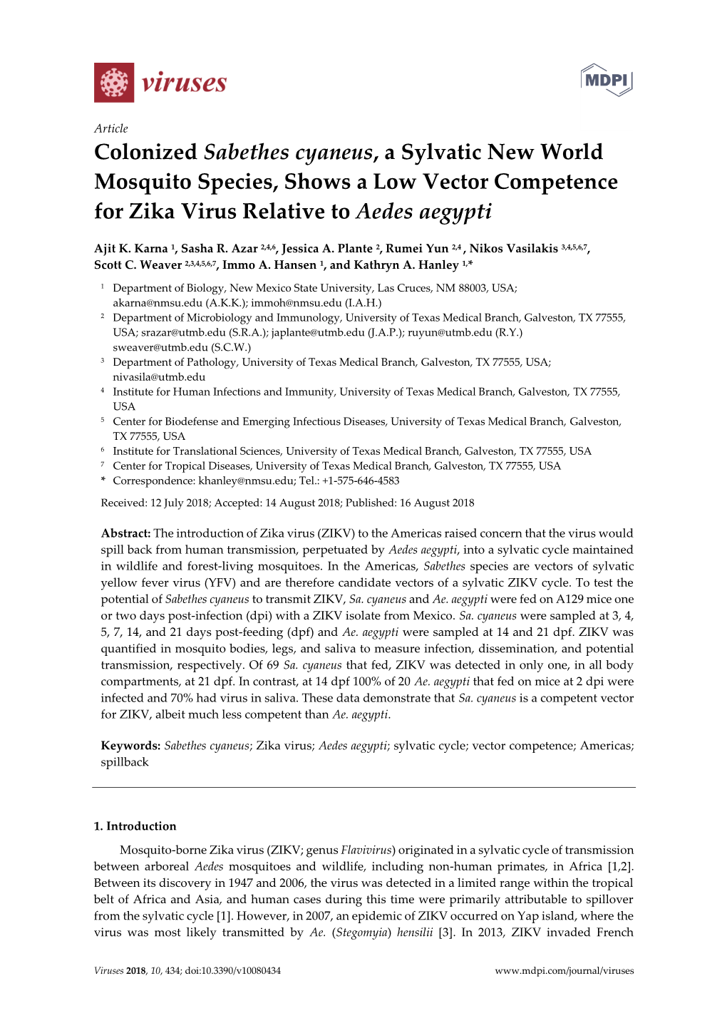 Colonized Sabethes Cyaneus, a Sylvatic New World Mosquito Species, Shows a Low Vector Competence for Zika Virus Relative to Aedes Aegypti