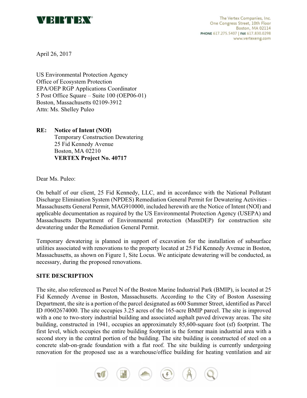 Re: Notice of Intent (NOI), Temporary Construction Dewatering, 25 Fid