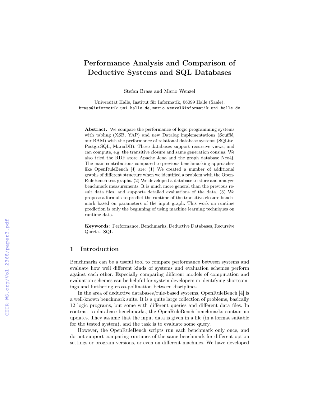 Performance Analysis and Comparison of Deductive Systems and SQL Databases