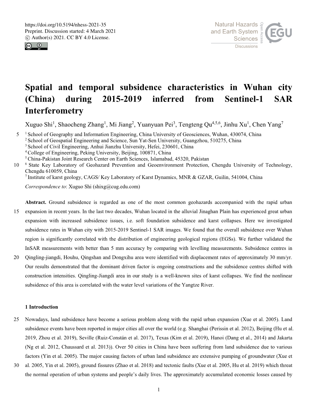 Spatial and Temporal Subsidence Characteristics in Wuhan City (China)
