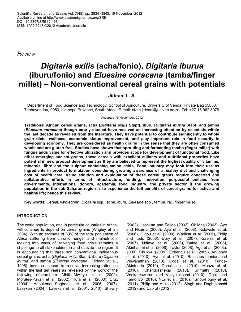 Acha/Fonio), Digitaria Iburua (Iburu/Fonio) and Eluesine Coracana (Tamba/Finger Millet) – Non-Conventional Cereal Grains with Potentials