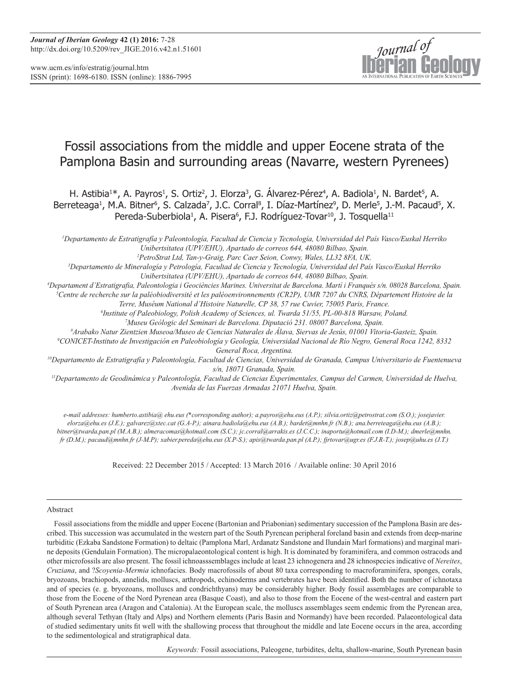 Fossil Associations from the Middle and Upper Eocene Strata of the Pamplona Basin and Surrounding Areas (Navarre, Western Pyrenees)