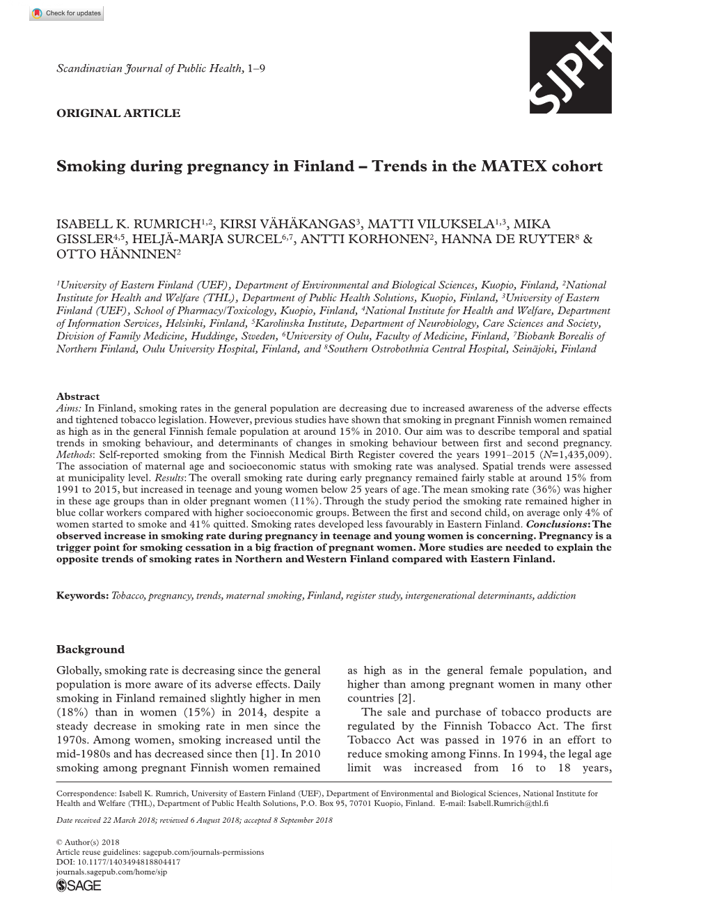 Smoking During Pregnancy in Finland – Trends in the MATEX Cohort