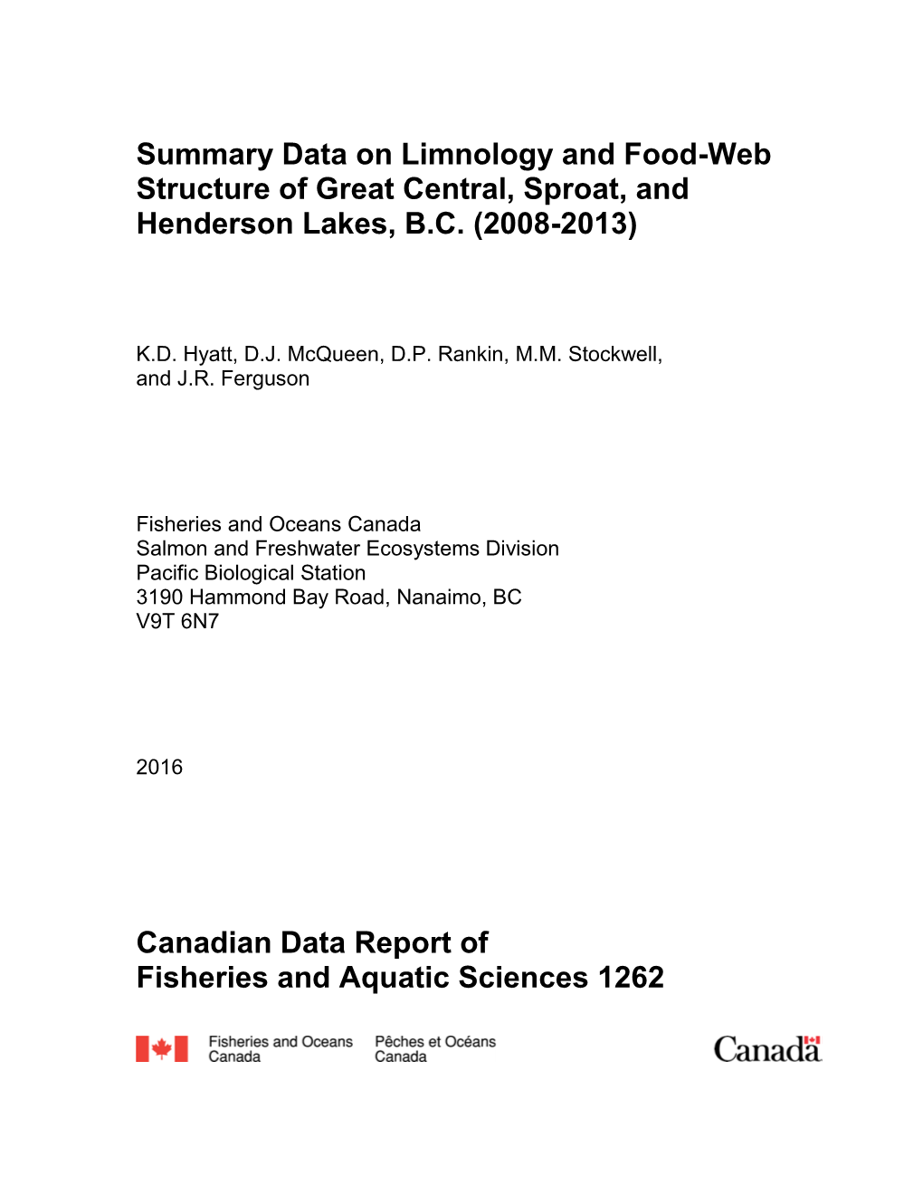 Summary Data on Limnology and Food-Web Structure of Great Central, Sproat, and Henderson Lakes, B.C