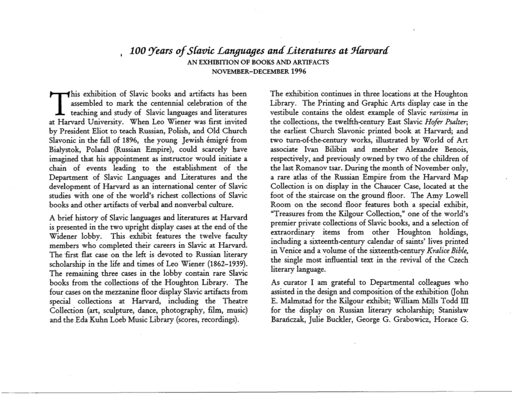 100 9'"Ears of S{Avic Languages and Literatures at !Jfarvard