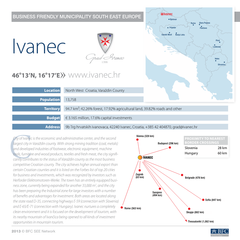 Ivanec BUSINESS FRIENDLY MUNICIPALITY SOUTH EAST EUROPE Bjelovar Ruma Stara Pazova