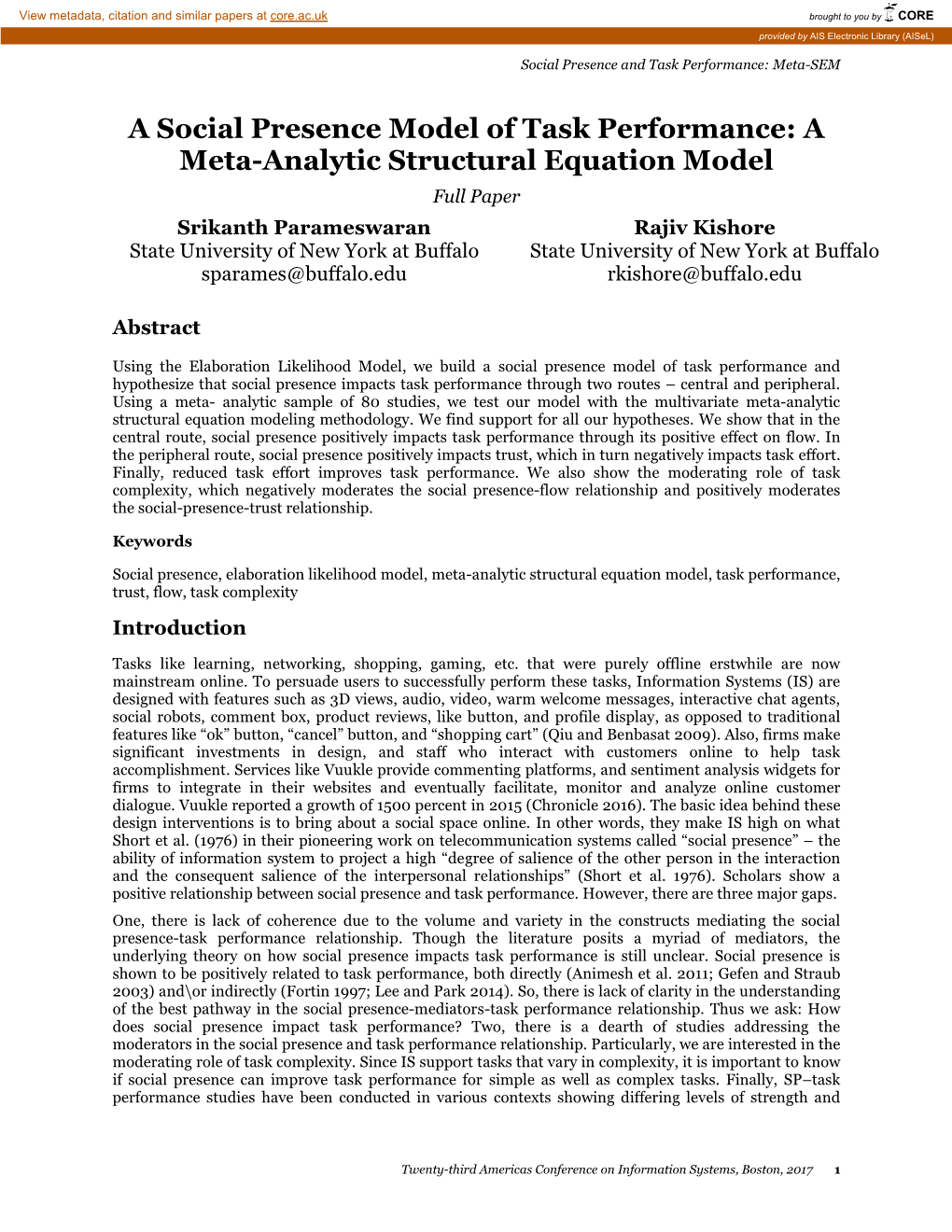 A Social Presence Model of Task Performance