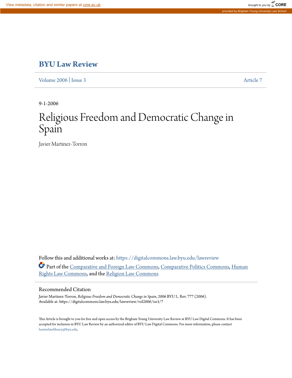 Religious Freedom and Democratic Change in Spain Javier Martinez-Torron