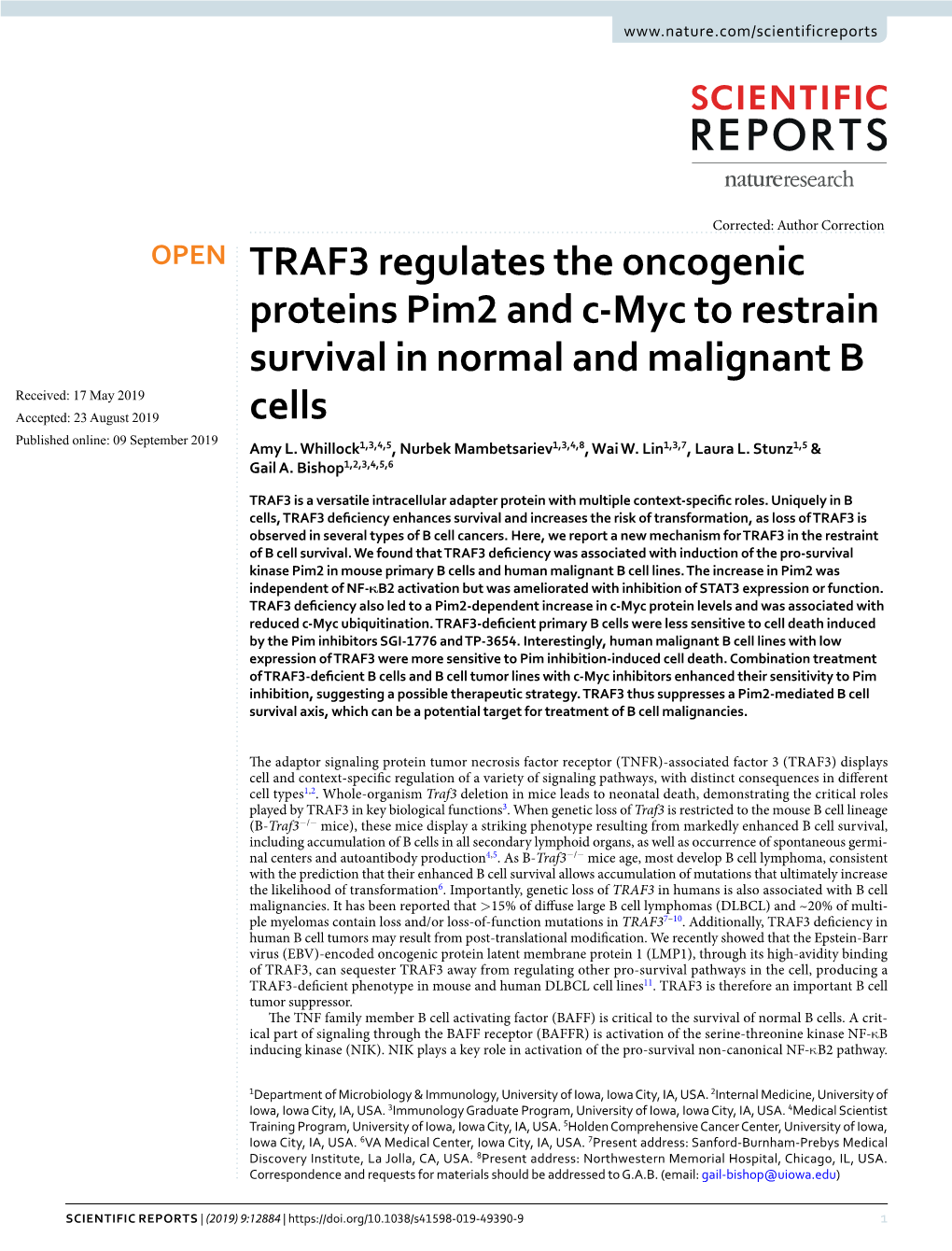 TRAF3 Regulates the Oncogenic Proteins Pim2 and C-Myc to Restrain Survival in Normal and Malignant B Cells