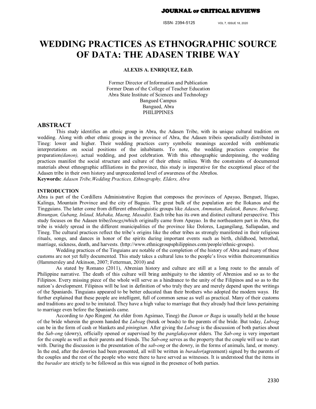 Wedding Practices As Ethnographic Source of Data: the Adasen Tribe Way