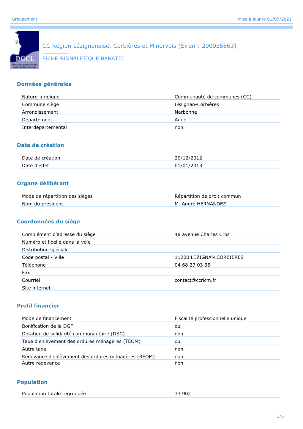 CC Région Lézignanaise, Corbières Et Minervois (Siren : 200035863)