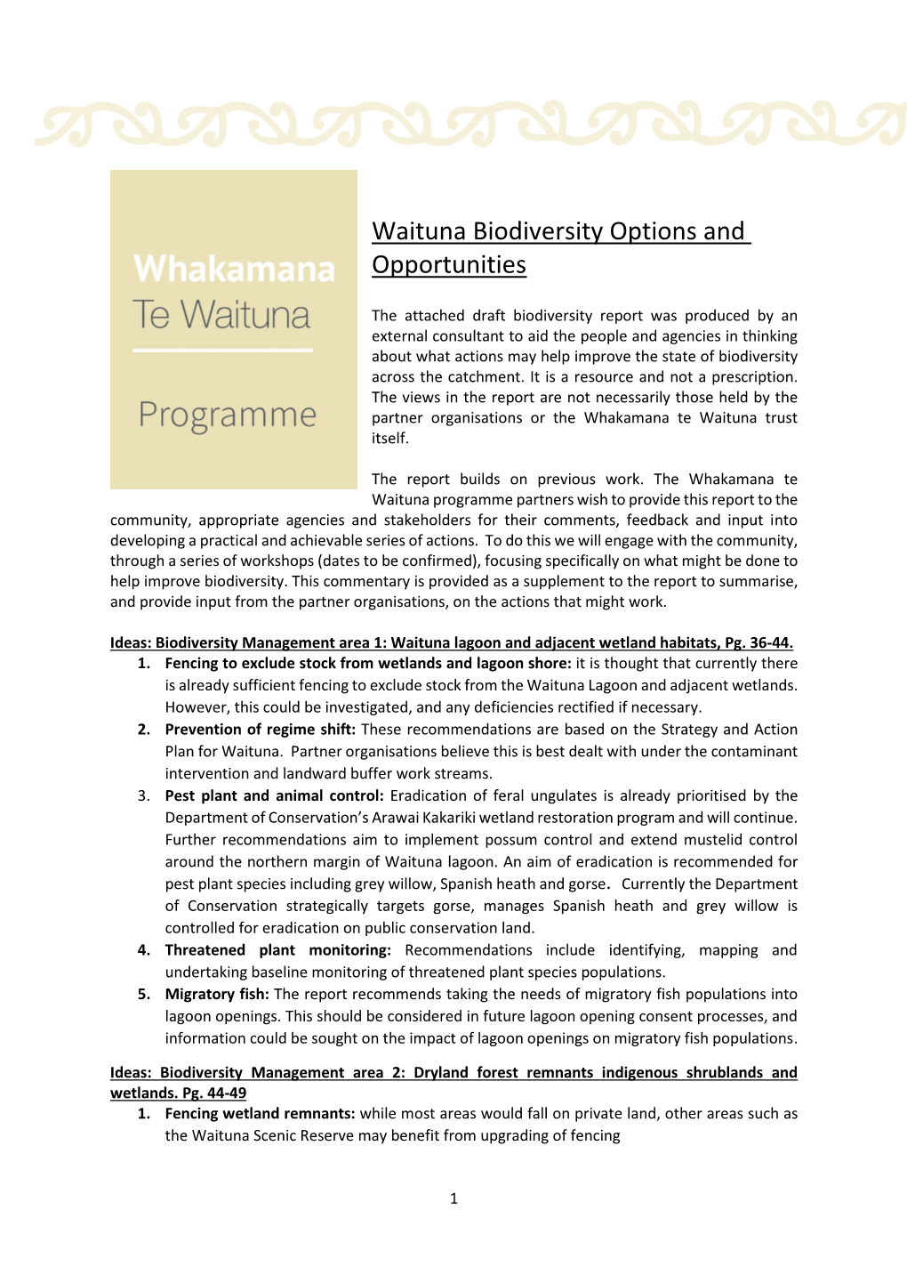 Waituna Biodiversity Options and Opportunities