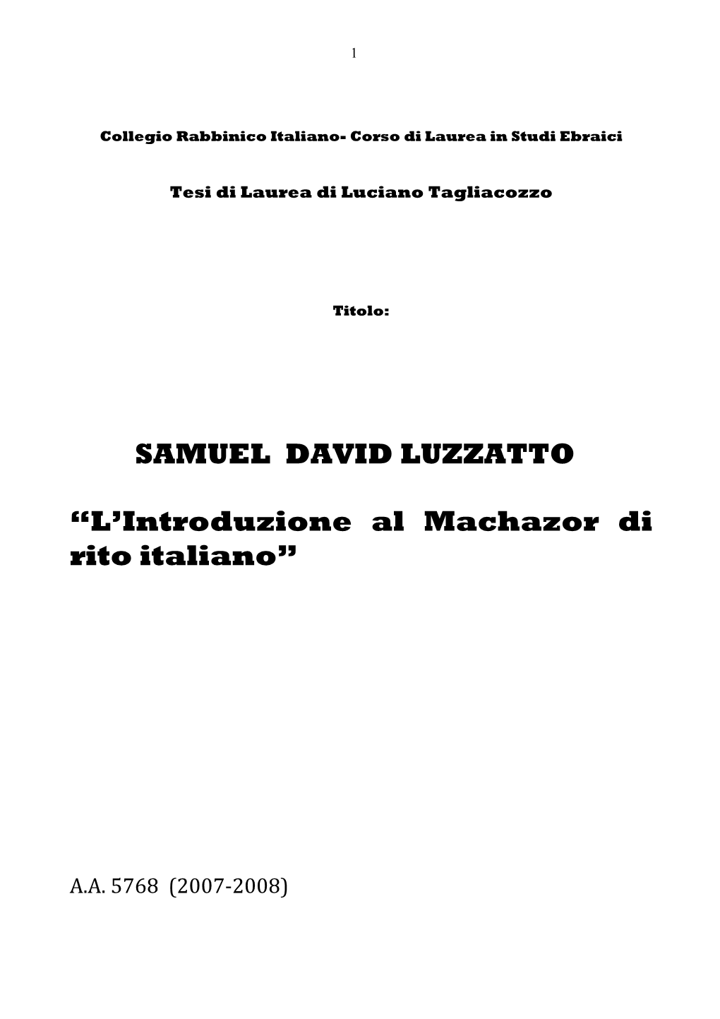 L'introduzione Al Machazor Di Rito Italiano