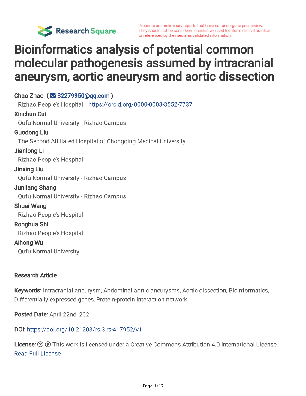 Bioinformatics Analysis of Potential Common Molecular Pathogenesis Assumed by Intracranial Aneurysm, Aortic Aneurysm and Aortic Dissection