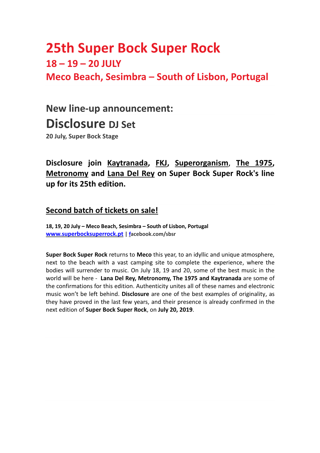 25Th Super Bock Super Rock 18 – 19 – 20 JULY Meco Beach, Sesimbra – South of Lisbon, Portugal