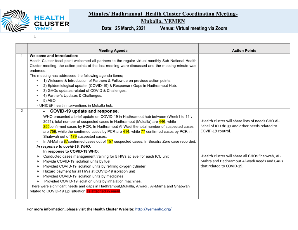 Mukalla, YEMEN Date: 25 March, 2021 Venue: Virtual Meeting Via Zoom 