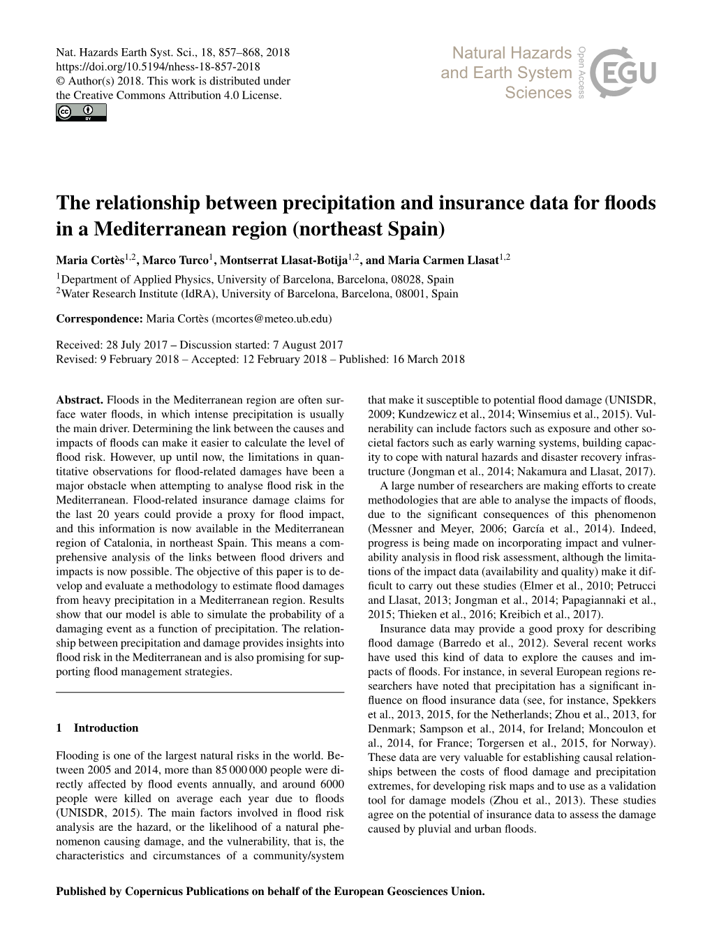 The Relationship Between Precipitation and Insurance Data for ﬂoods in a Mediterranean Region (Northeast Spain)