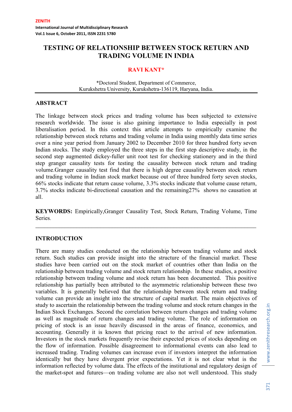 Testing of Relationship Between Stock Return and Trading Volume in India