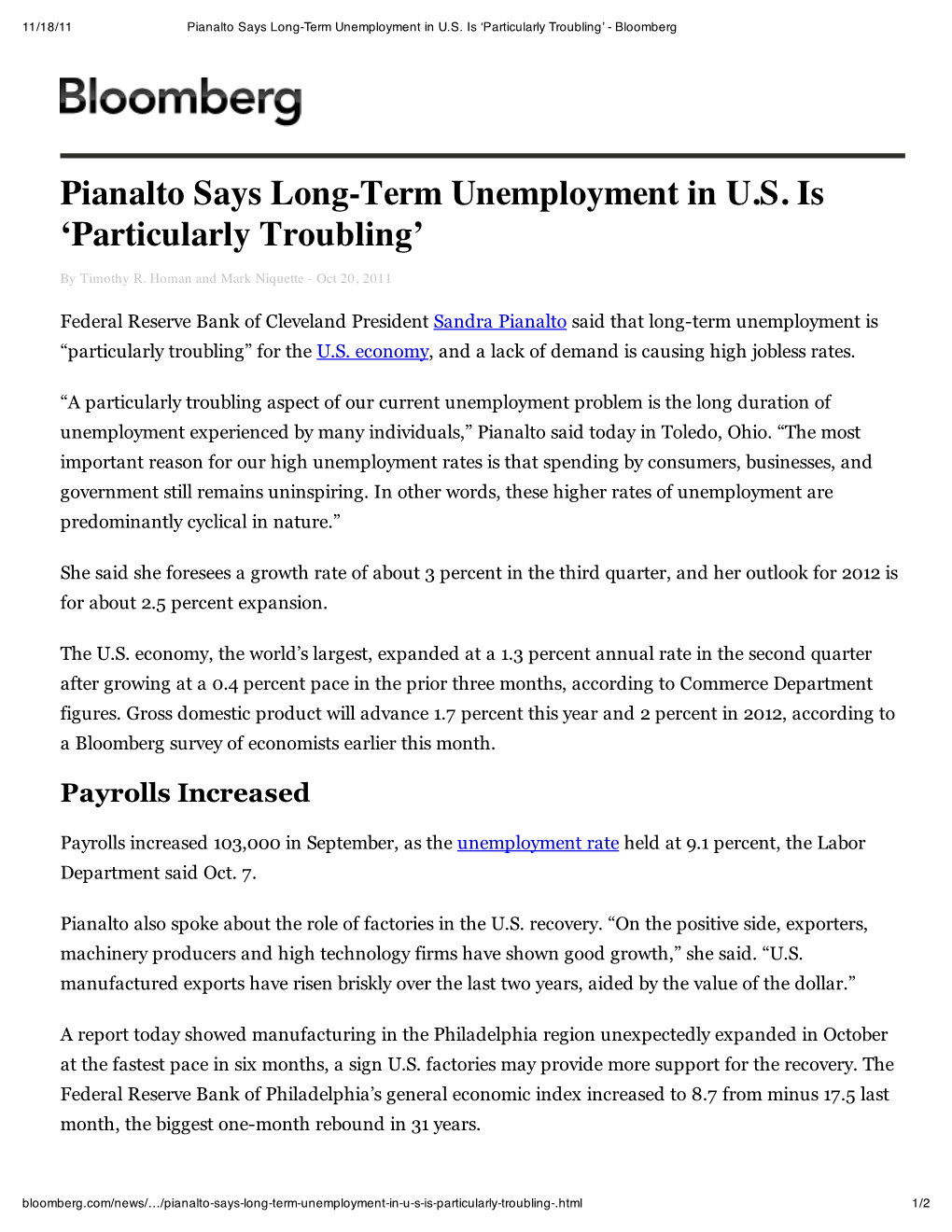 Pianalto Says Long-Term Unemployment in U.S. Is 'Particularly