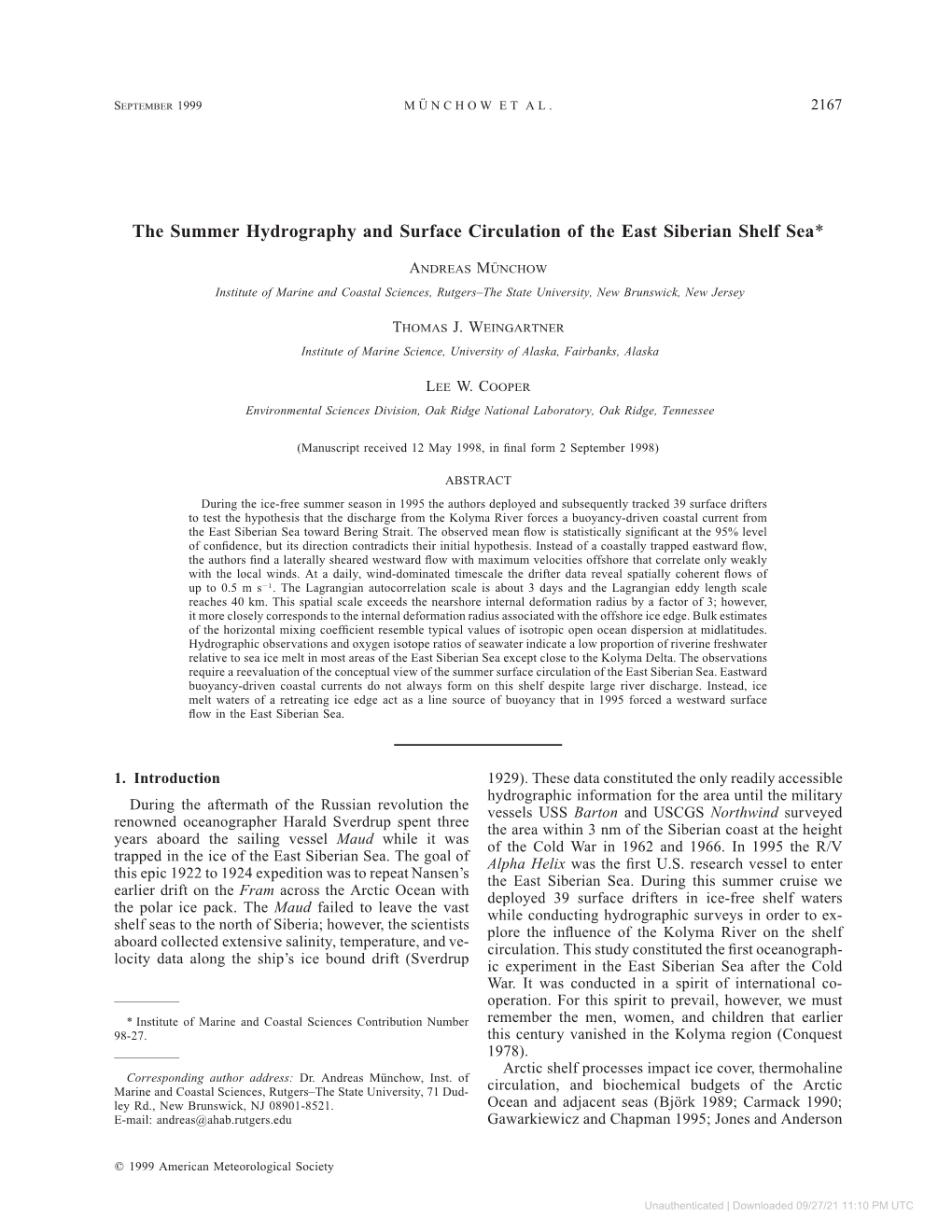 Downloaded 09/27/21 11:10 PM UTC 2168 JOURNAL of PHYSICAL OCEANOGRAPHY VOLUME 29