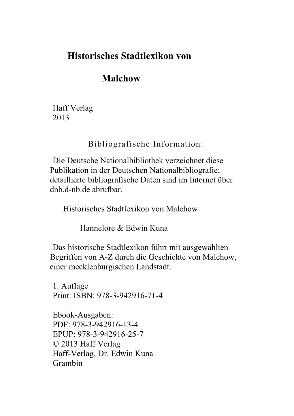 Historisches Stadtlexikon Von Malchow