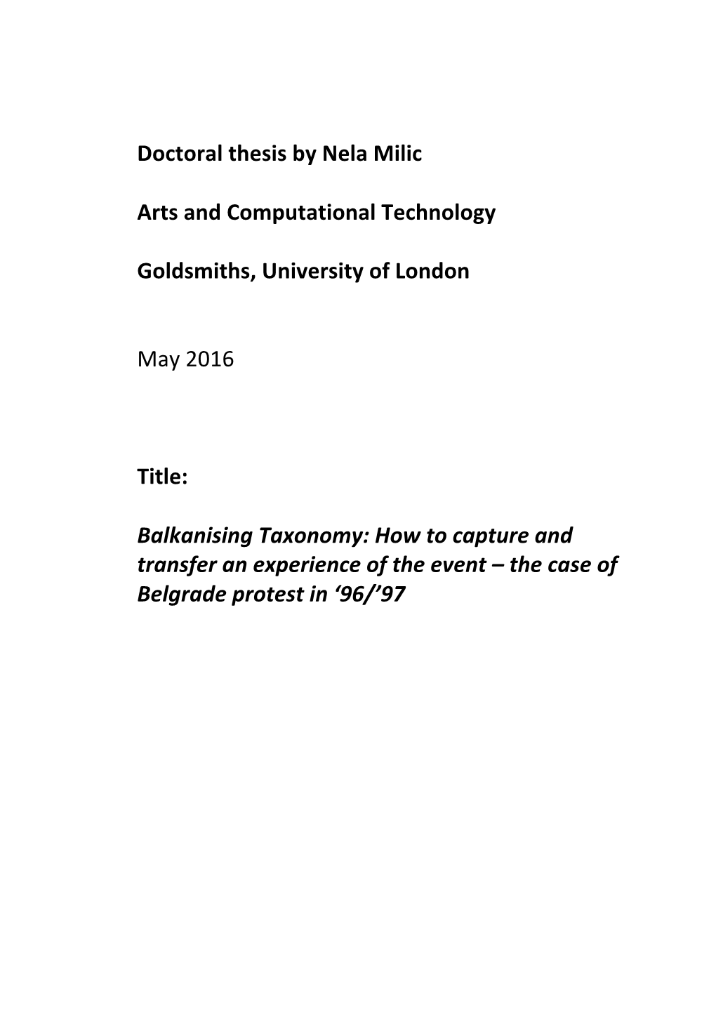 Doctoral Thesis by Nela Milic Arts and Computational Technology