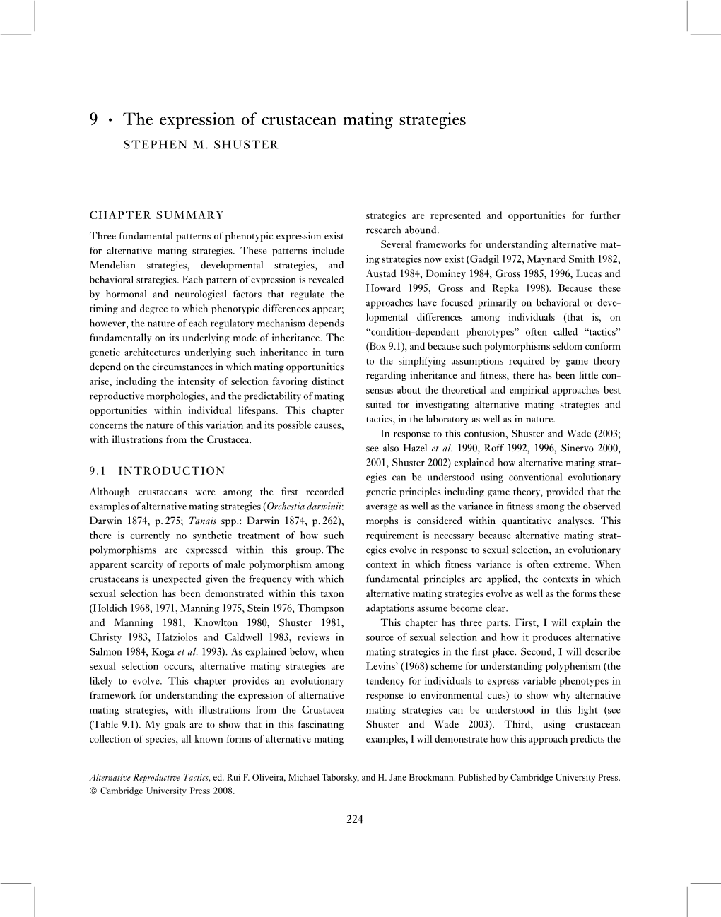 The Expression of Crustacean Mating Strategies STEPHEN M