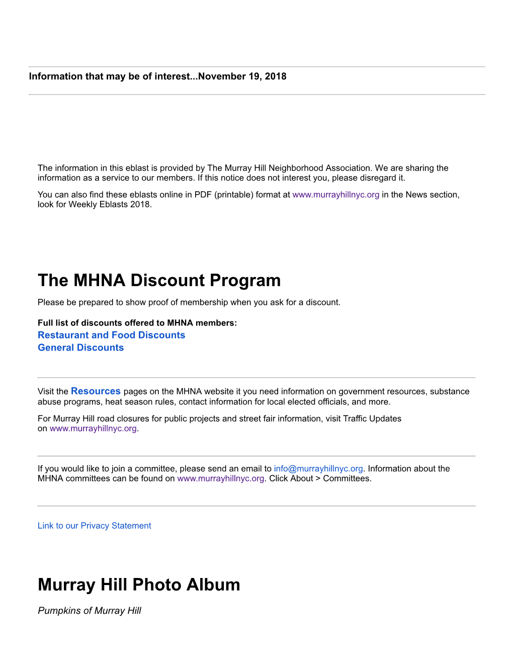 The MHNA Discount Program Murray Hill Photo Album