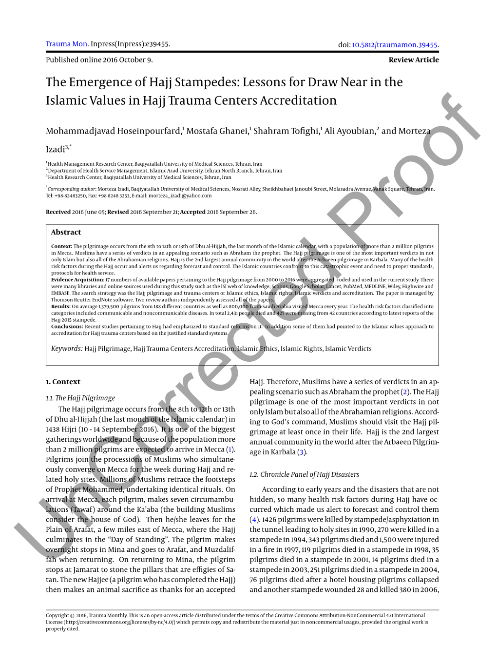 Lessons for Draw Near in the Islamic Values in Hajj Trauma Centers Accreditation