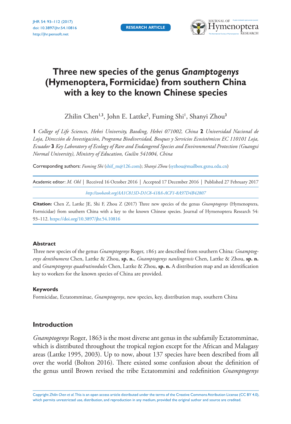 Three New Species of the Genus Gnamptogenys (Hymenoptera, Formicidae) from Southern China with a Key to the Known Chinese Species