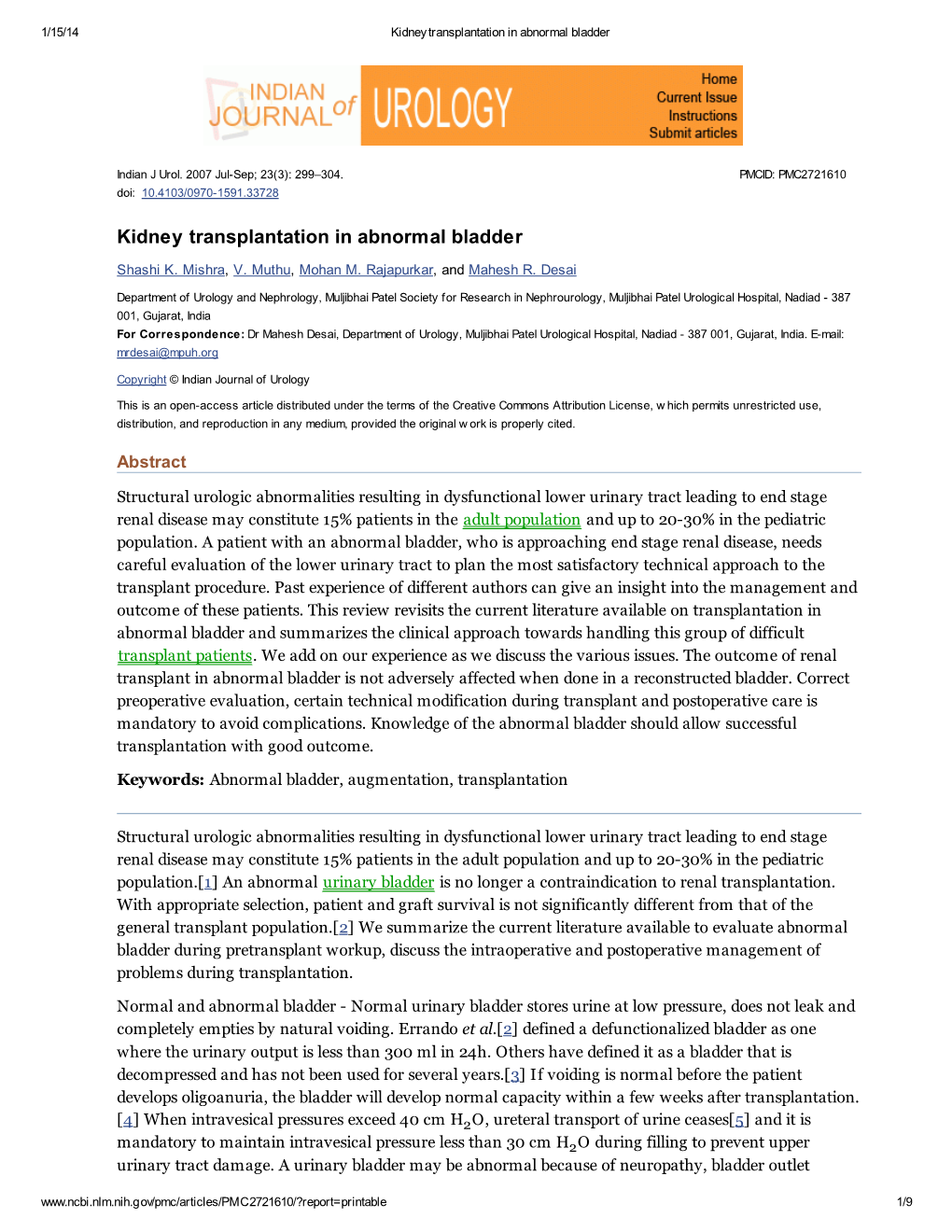 Kidney Transplantation in Abnormal Bladder