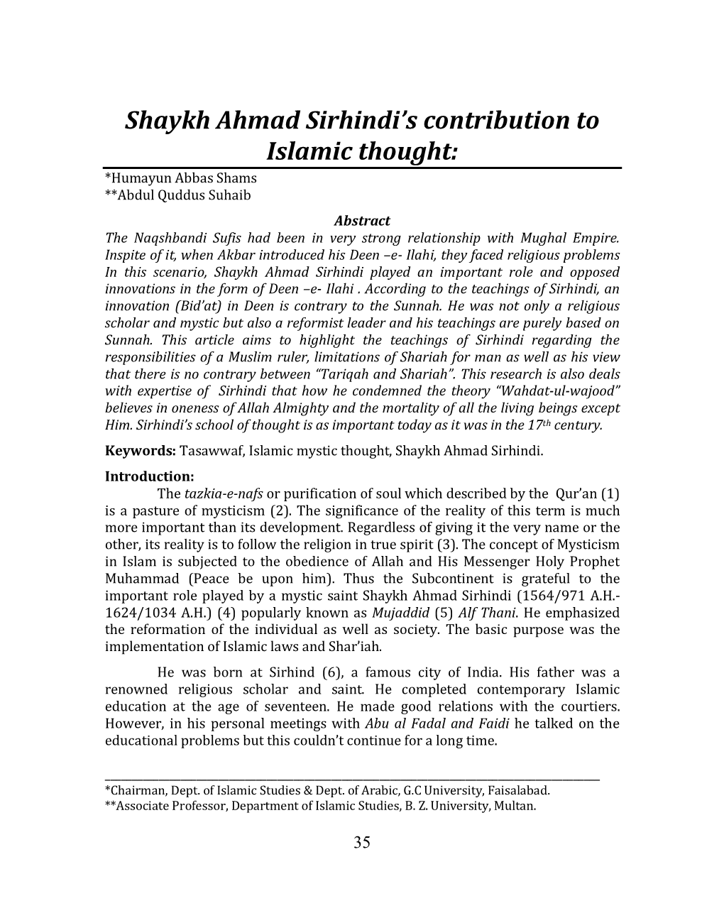 Shaykh Ahmad Sirhindi's Contribution to Islamic Thought