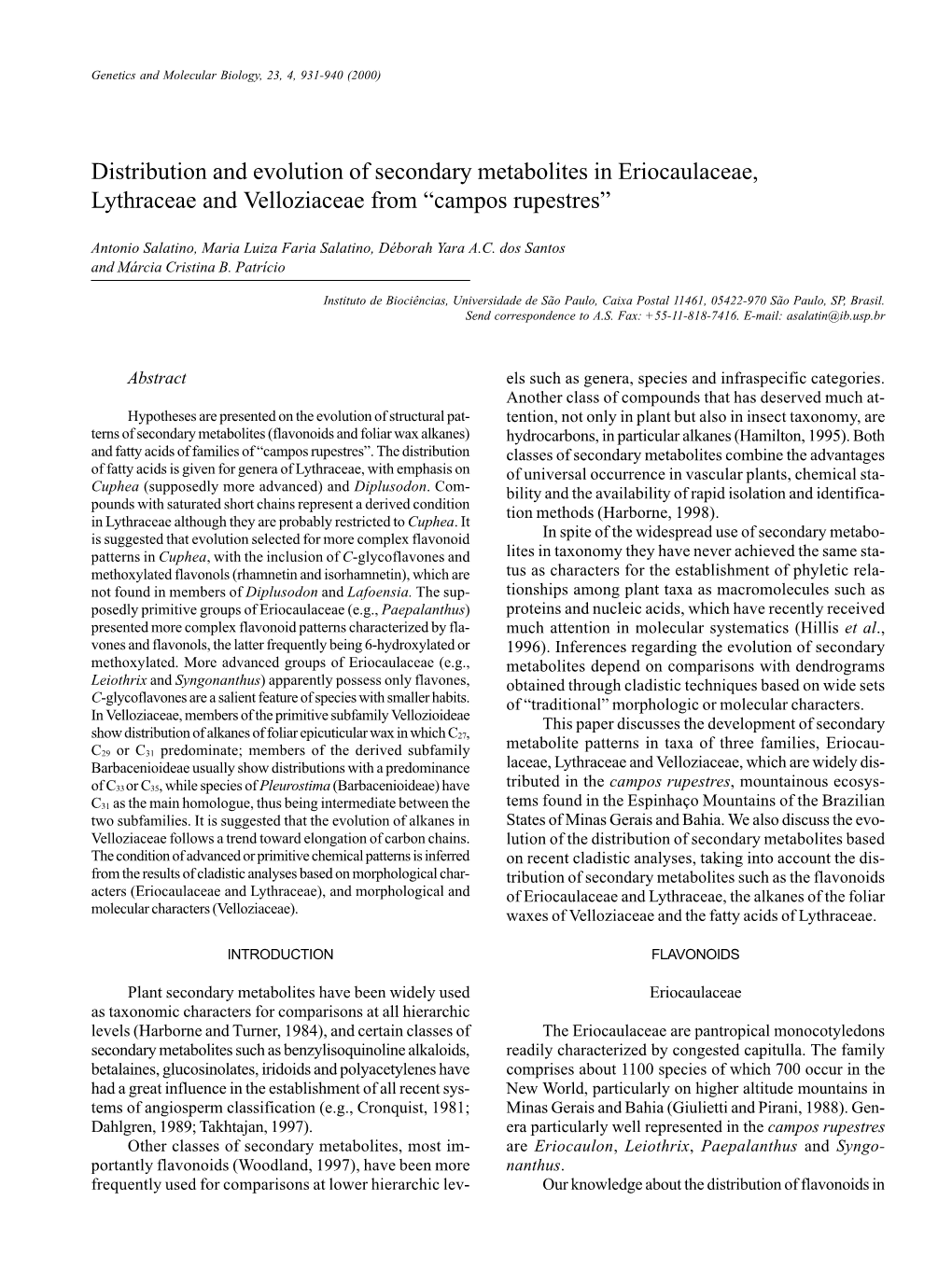 Distribution and Evolution of Secondary Metabolites in Eriocaulaceae, Lythraceae and Velloziaceae from “Campos Rupestres”