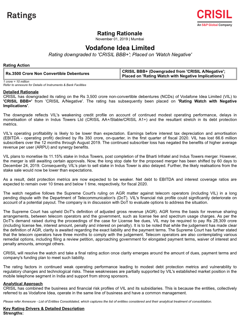 Vodafone Idea Limited Rating Downgraded to 'CRISIL BBB+'; Placed on 'Watch Negative'