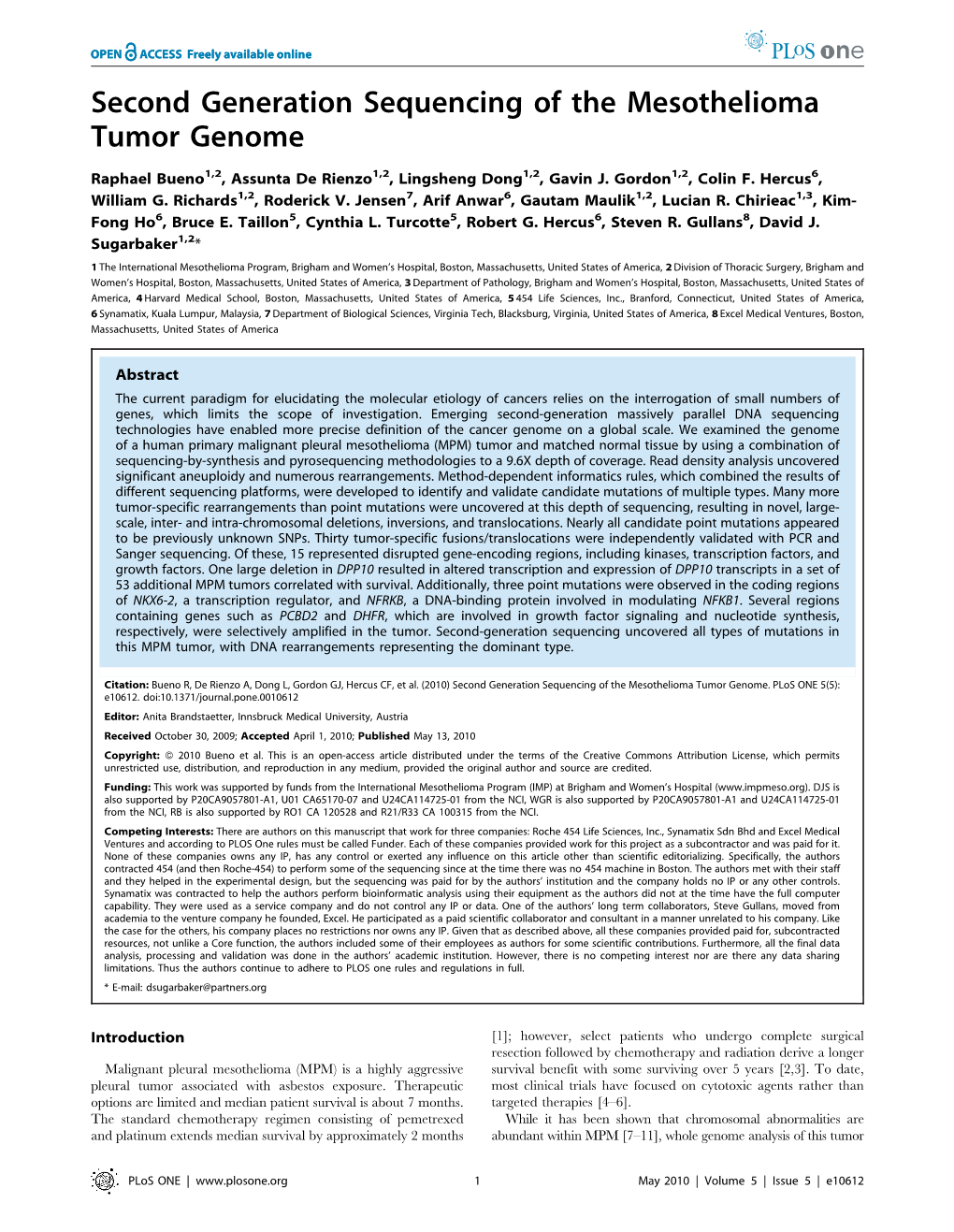 Second Generation Sequencing of the Mesothelioma Tumor Genome