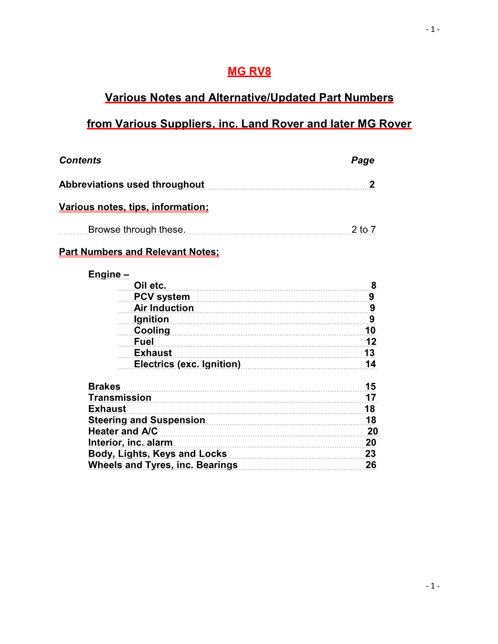 MG RV8 Various Notes and Alternative/Updated Part Numbers from Various Suppliers, Inc. Land Rover and Later MG Rover