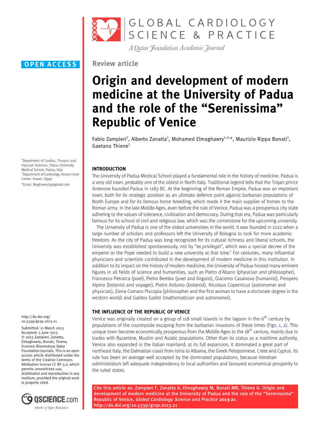 Origin and Development of Modern Medicine at the University of Padua and the Role of the “Serenissima” Republic of Venice