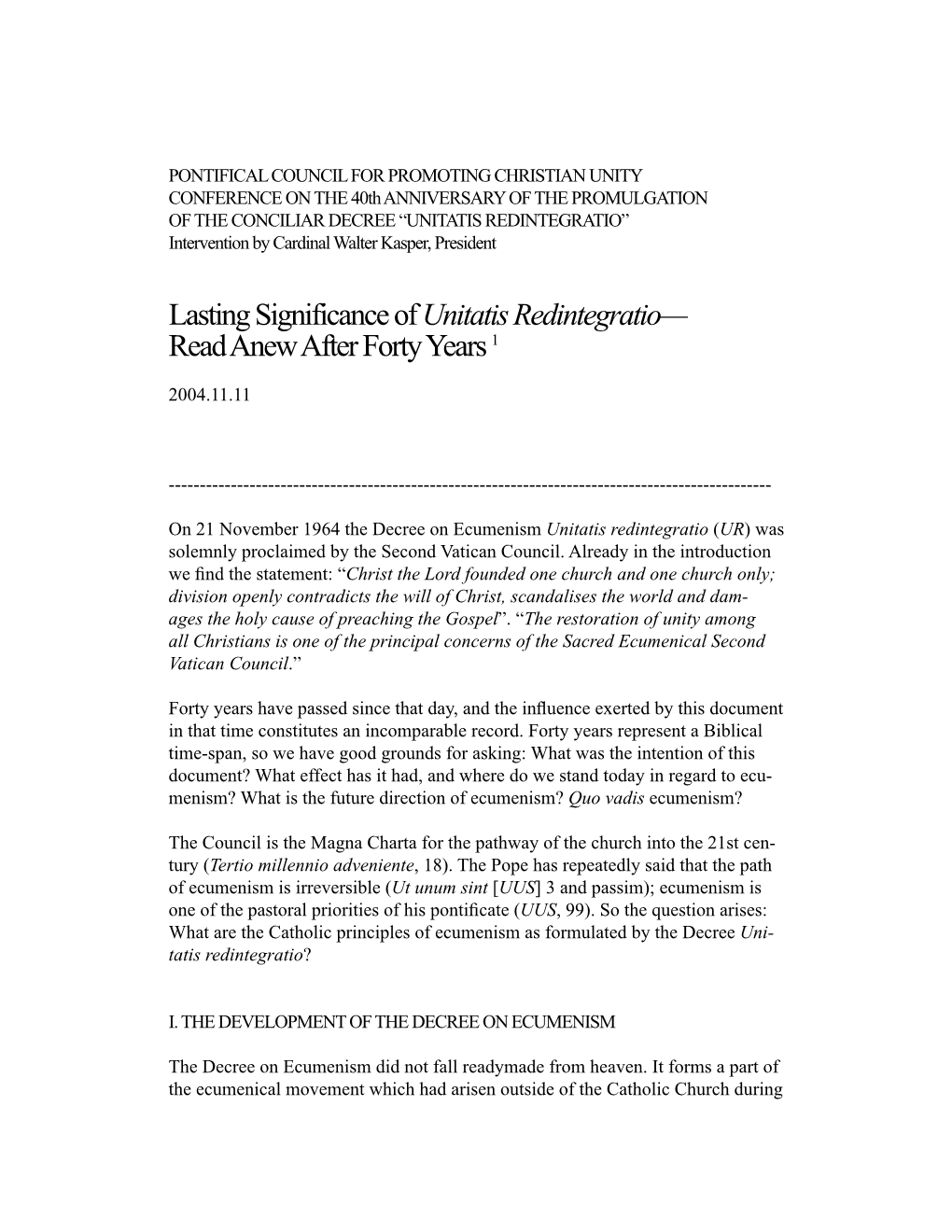 Lasting Significance of Unitatis Redintegratio— Read Anew After Forty Years 1