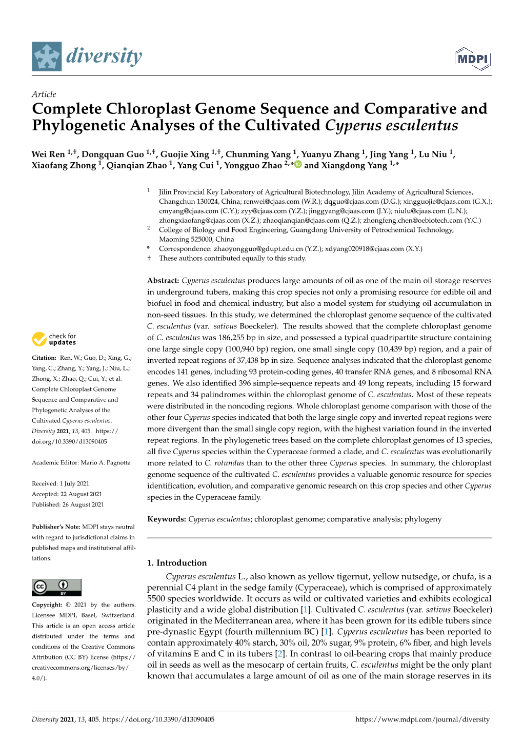 Complete Chloroplast Genome Sequence and Comparative and Phylogenetic Analyses of the Cultivated Cyperus Esculentus