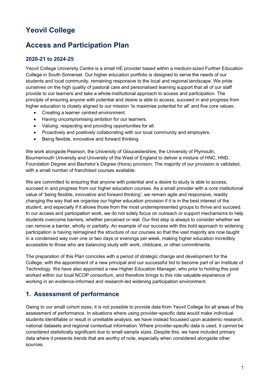 Yeovil College Access and Participation Plan