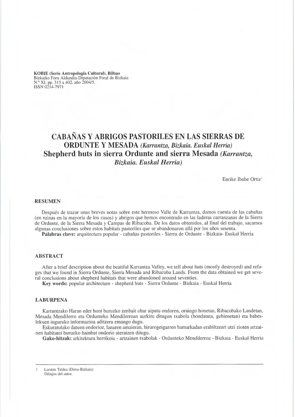 CABAÑAS Y ABRIGOS PASTORILES EN LAS SIERRAS DE ORDUNTE Y MESADA (Karrantza, Bizkaia