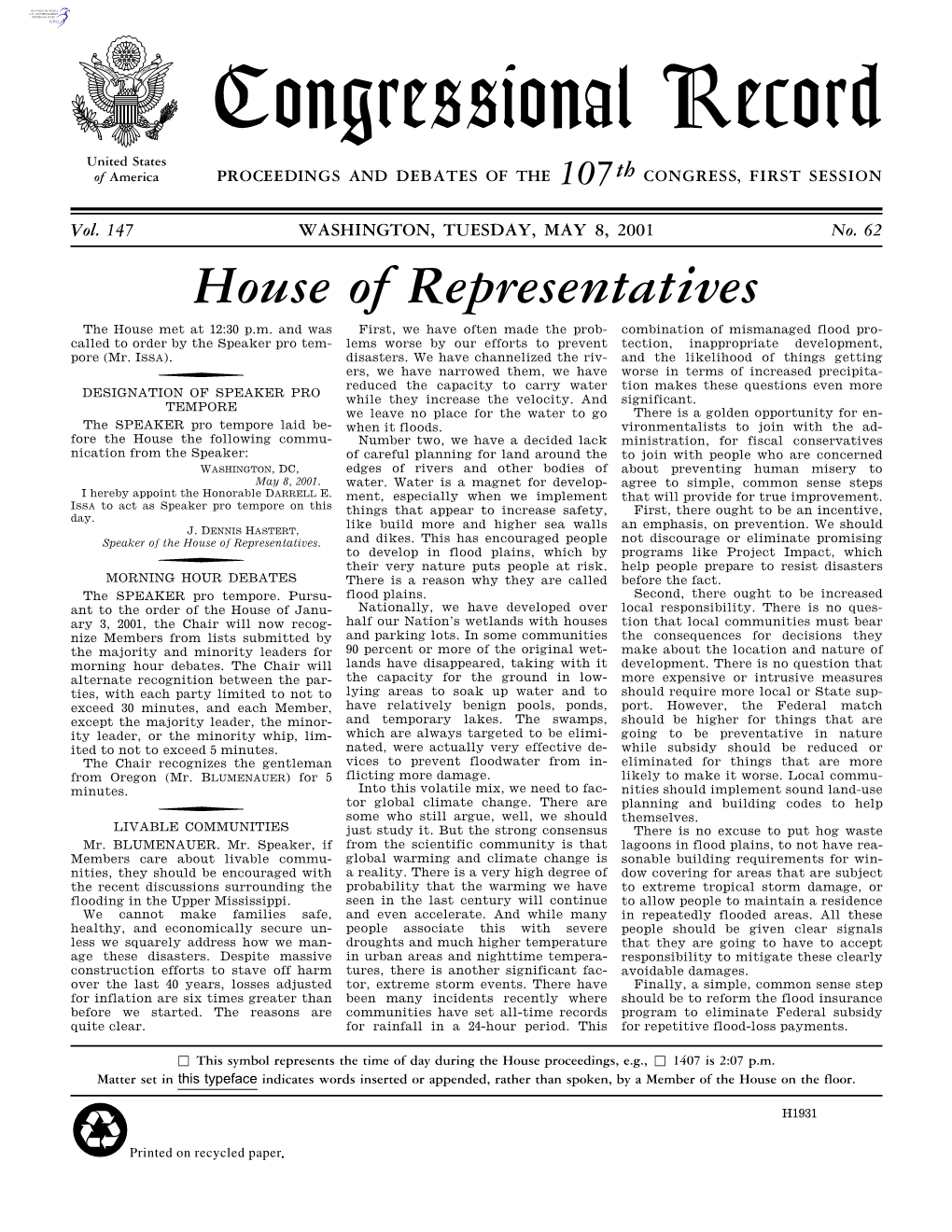 Congressional Record United States of America PROCEEDINGS and DEBATES of the 107Th CONGRESS, FIRST SESSION