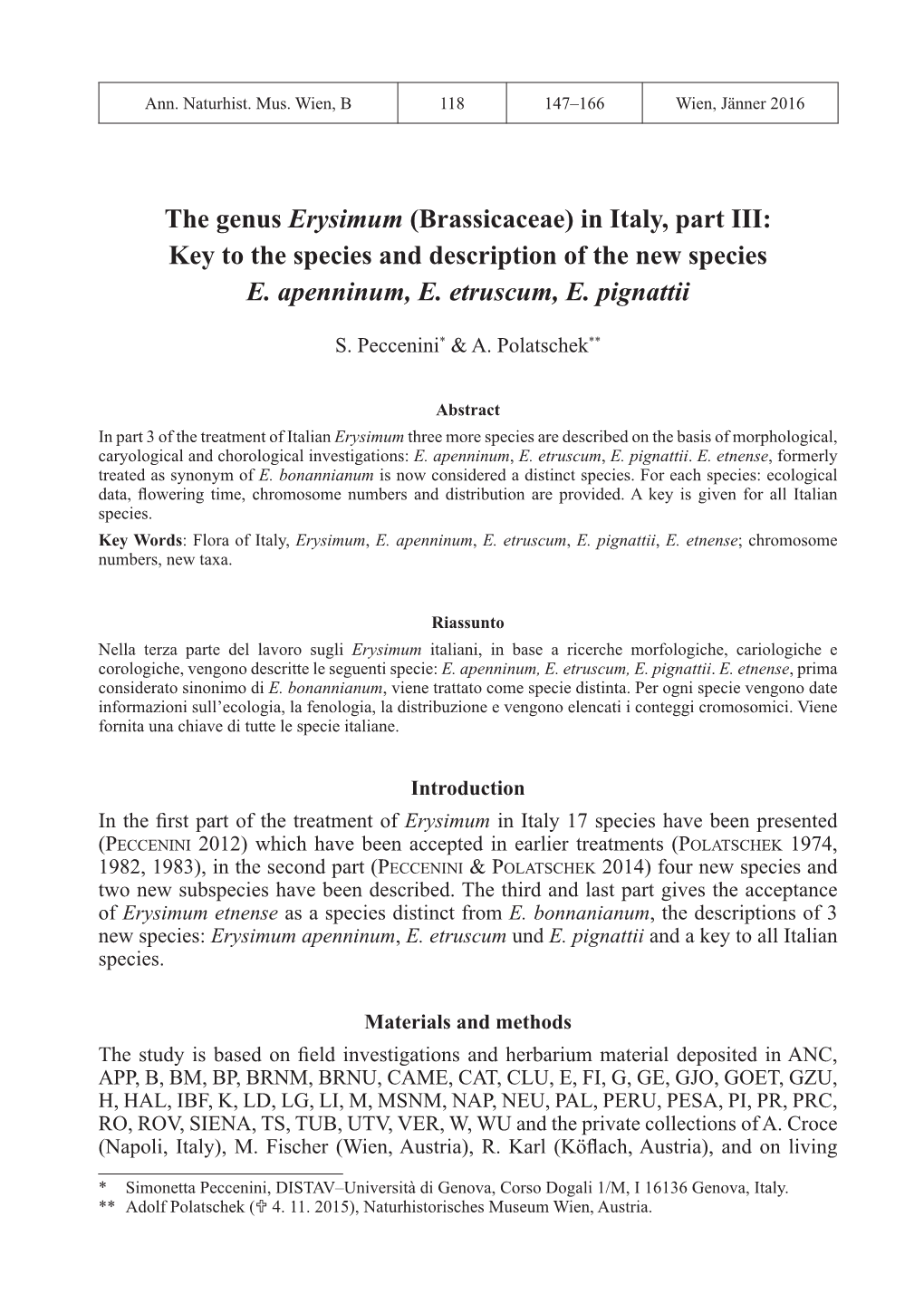 The Genus Erysimum (Brassicaceae) in Italy, Part III: Key to the Species and Description of the New Species E