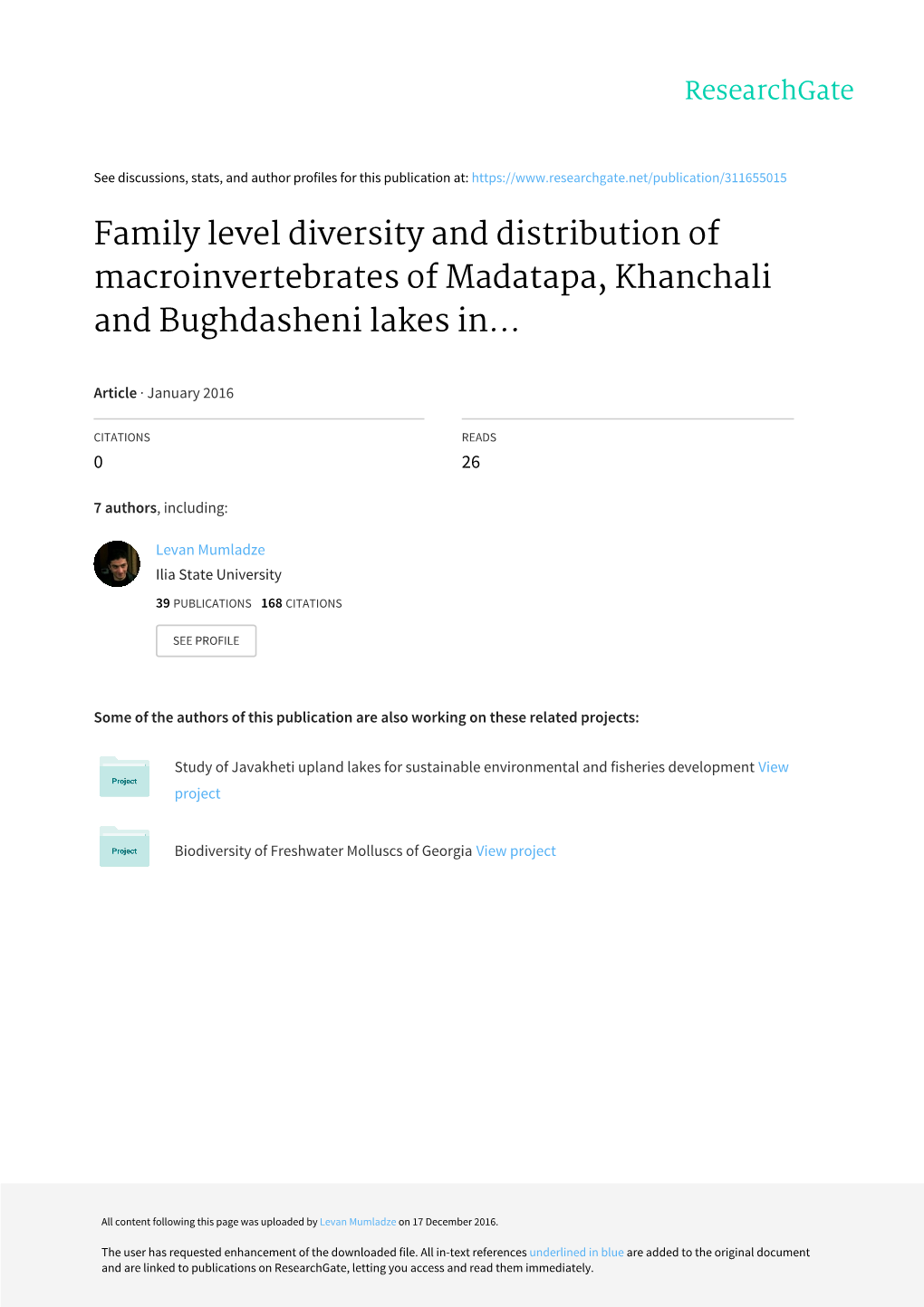 Family Level Diversity and Distribution of Macroinvertebrates of Madatapa, Khanchali and Bughdasheni Lakes In